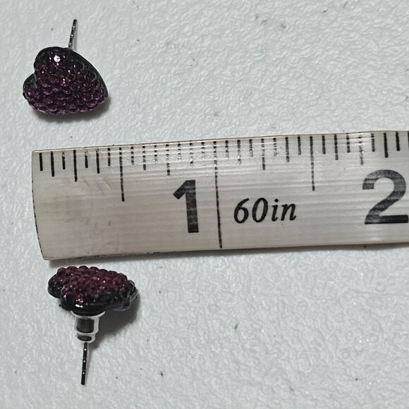 Retro Glittery Heart Shaped Stud Earrings Purple Rhinestones Valentines Day - Picture 3 of 3